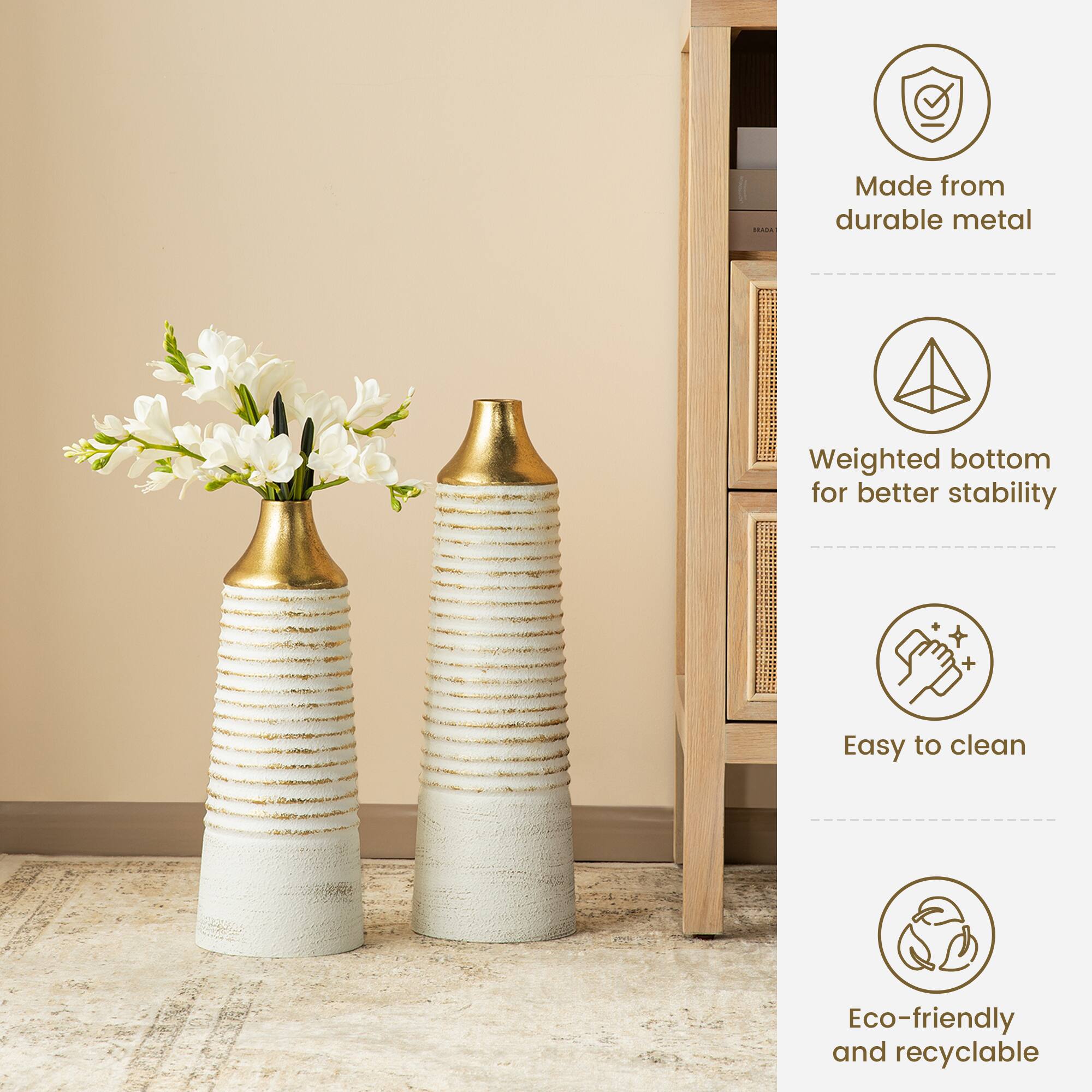 Glitzhome® Modern White & Gold Striped Metal Floor Vases Set